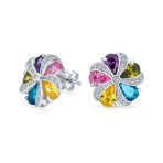 Rainbow Colorful Statement Multicolor CZ Swirling Circle Button Flower Stud Earrings