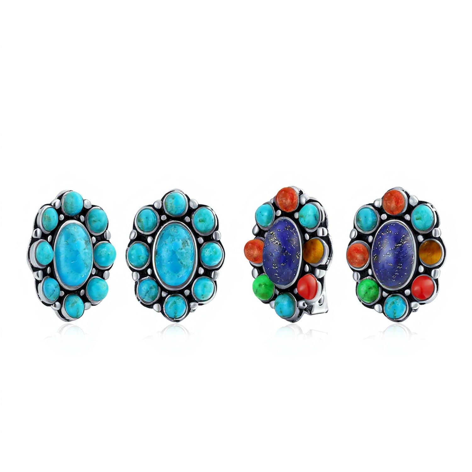 multicolor-two-earrings-set-trendy-turquoise-cabochon-clipon_ext-e15-740-set-az Set of 2 Turquoise & Multicolor Gemstones Clip-On Earrings Sterling Silver - Image 1