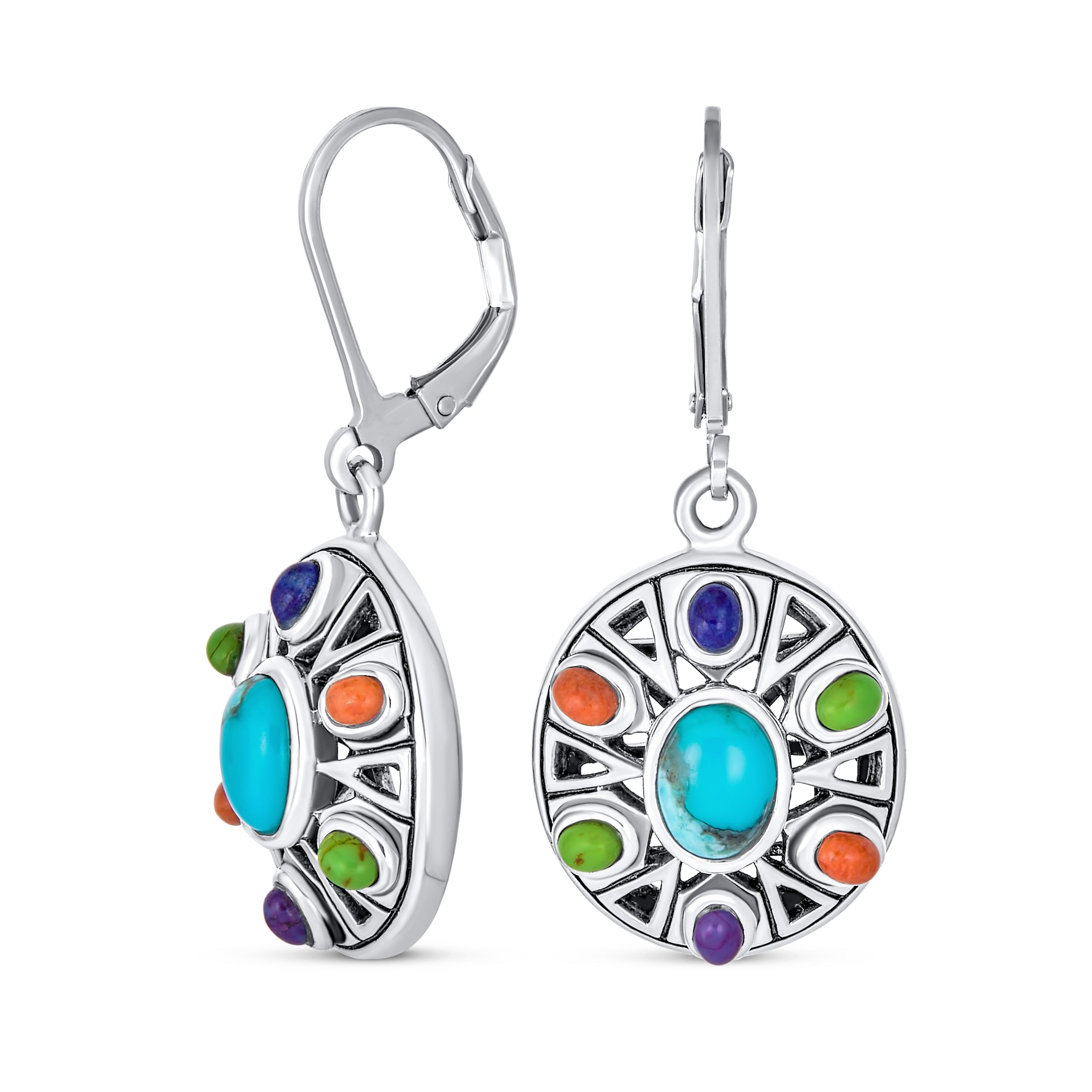 multistone-turquoise-geometric-sterling-drops_nk-e-0288-az-1 Native American Style Multi Color Stones Lapis Turquoise Coral Drop Earrings .925 Sterling Silver - Image 1