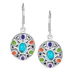 Native American Style Multi Color Stones Lapis Turquoise Coral Drop Earrings .925 Sterling Silver - Image 2