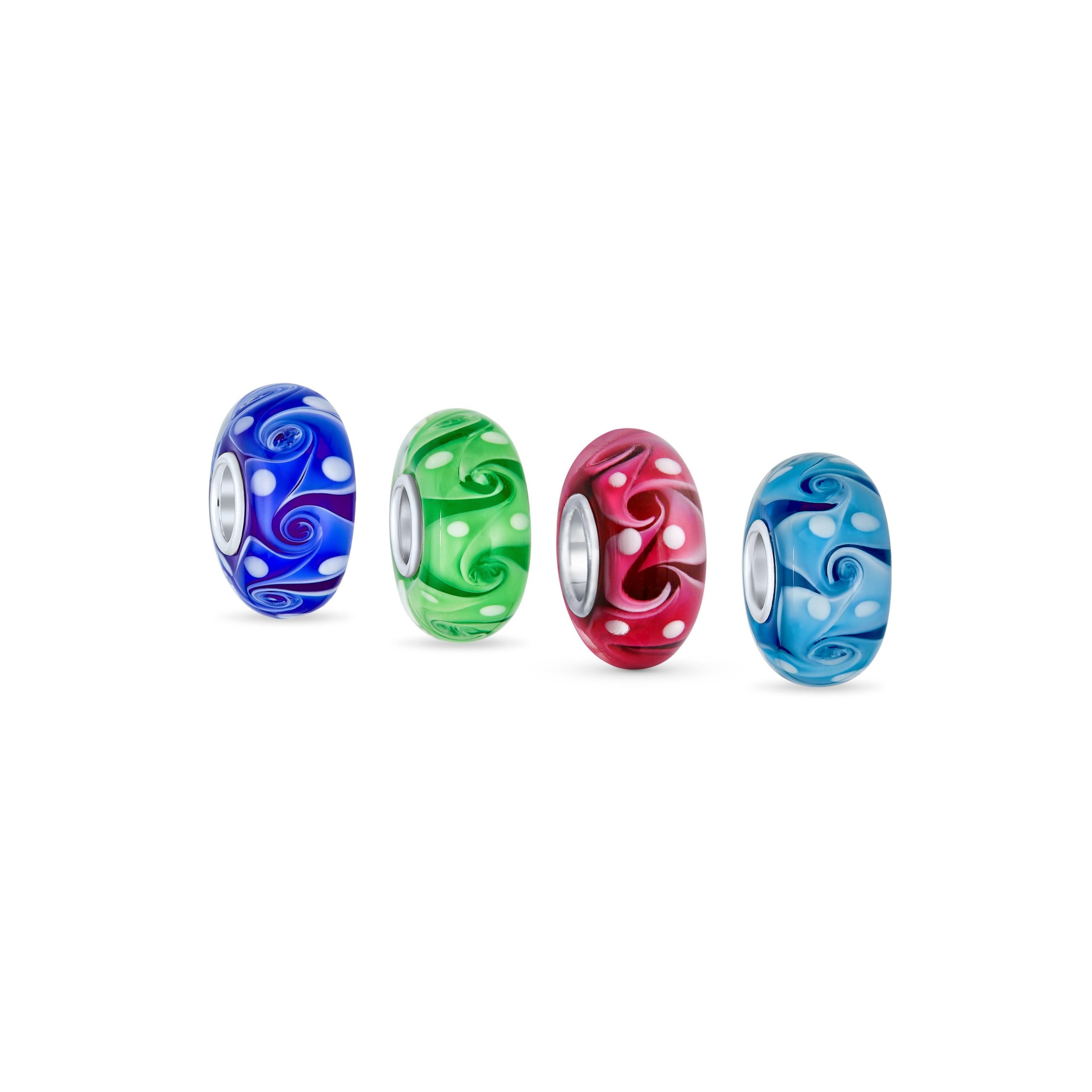 murano-glass-charm-beads-pbx-hgs-098-set-az Set of 4 Murano Glass Charm Bead Blue Green Pink Aqua Swirl Spacer Silver Core - Image 1