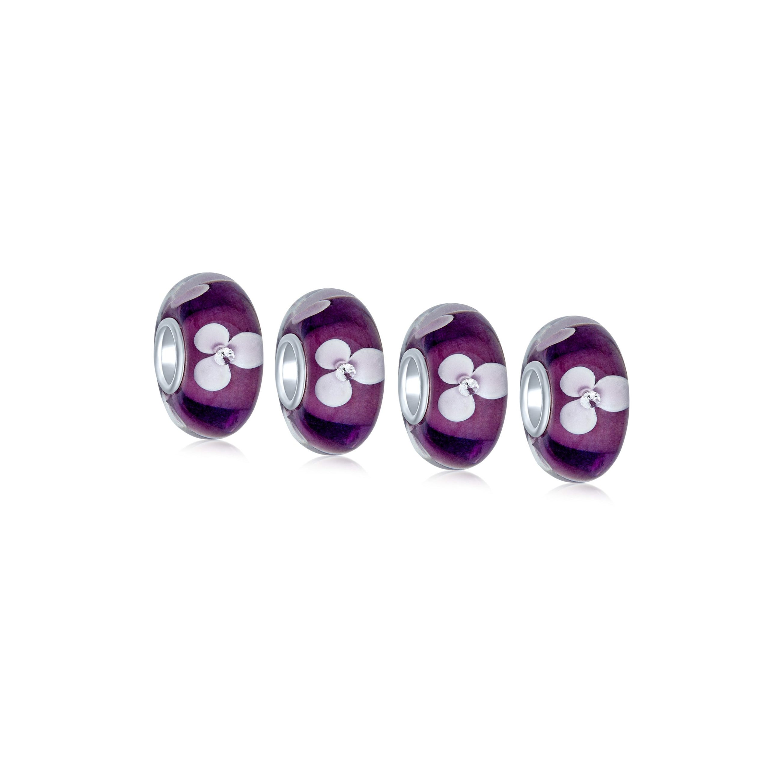 murano-glass-floral-charm-bead-pbx-hgsz-001-dp-set-az Set of 4 White Purple Flower Murano Glass Spacer Charm Bead Sterling Silver Core - Image 1