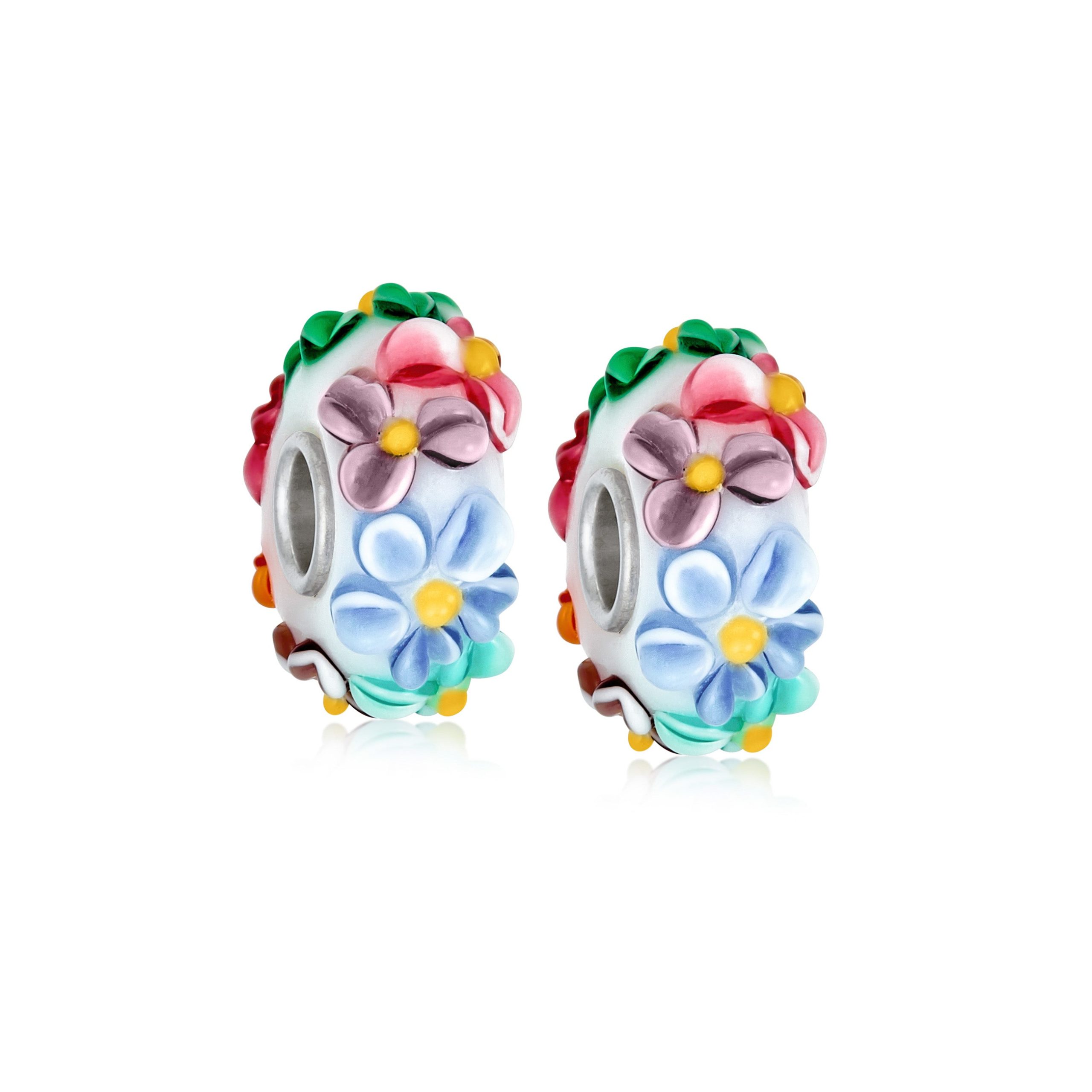 murano-glass-flower-charm-bead-pbx-hgs-535-white-set-az Set of 2 Murano Glass Charm Bead Multi-Color Flower Design Fits European Bracelet - Image 1