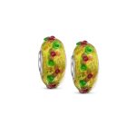 Set of 2 Multi-Color Gold Foil Murano Glass Charm Bead 3D Lampwork Flower Silver