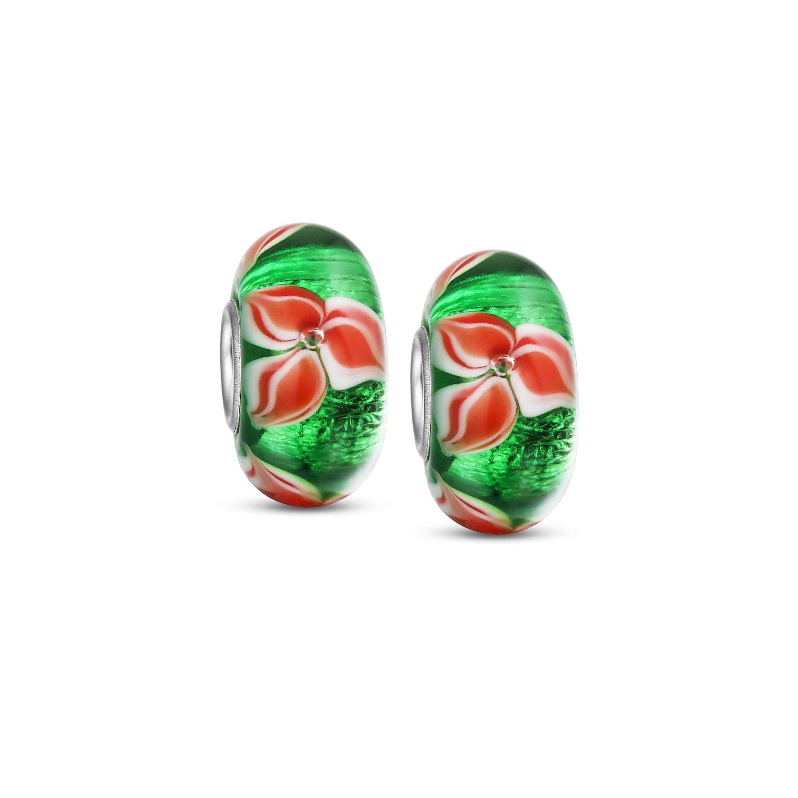 murano-glass-poinsettia-charm-pbx-hgs-529-set-grn-az Set of 2 Red Green Murano Glass Christmas Charm Bead Silver for Bracelets - Image 1