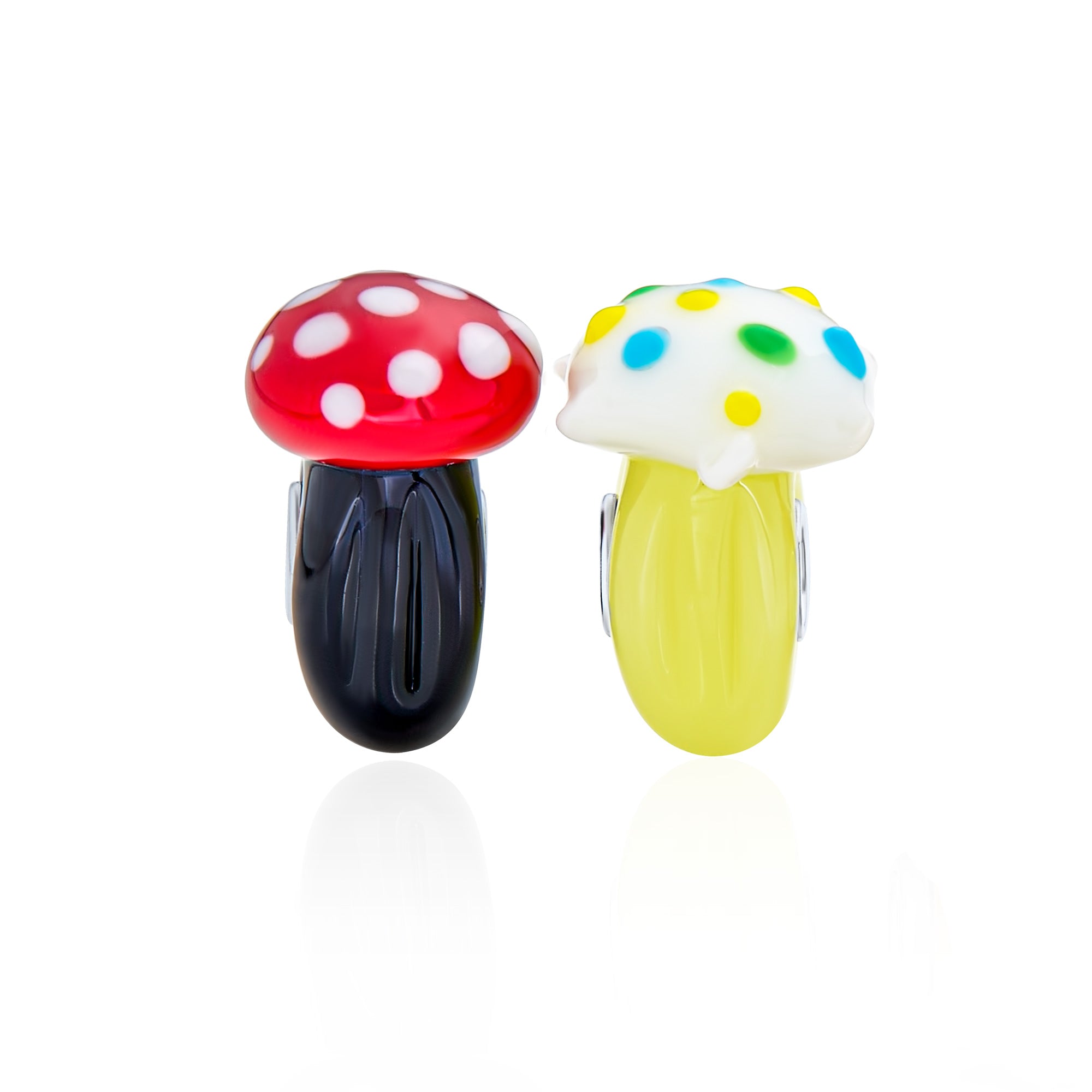 mushroom-black-red-yellow-fungus-pbx-hgsc-2mushr_1 Set of 2 Whimsical Glass Charm Bead with 3D Cartoon Fairy Tale Alice Mushrooms - Image 1