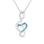 Musical Created Blue Opal Heart Treble Clef Music Note Pendant Necklace .925 Sterling Silver