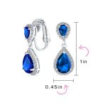 Classic Bridal Cocktail Halo Cubic Zirconia Blue CZ Double Solitaire Teardrop Dangle Clip On Earrings - Image 35