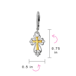 Filigree Two Tone Fleur De Lis Cross Dangle Earrings 14K Gold Plated Silver - Image 4