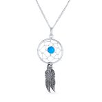Western Boho Turquoise Feather Dream Catcher Pendant Necklace Sterling Silver