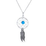Western Boho Turquoise Feather Dream Catcher Pendant Necklace Sterling Silver