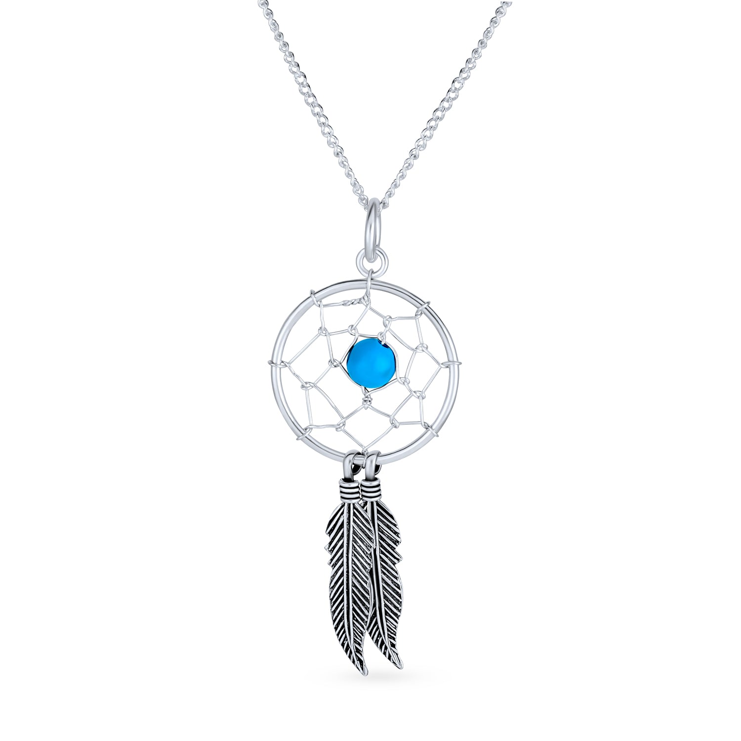 native-american-silver-turquoise-dream-catcher-necklace_pmr-n20524-az_1 Western Boho Turquoise Feather Dream Catcher Pendant Necklace Sterling Silver - Image 1
