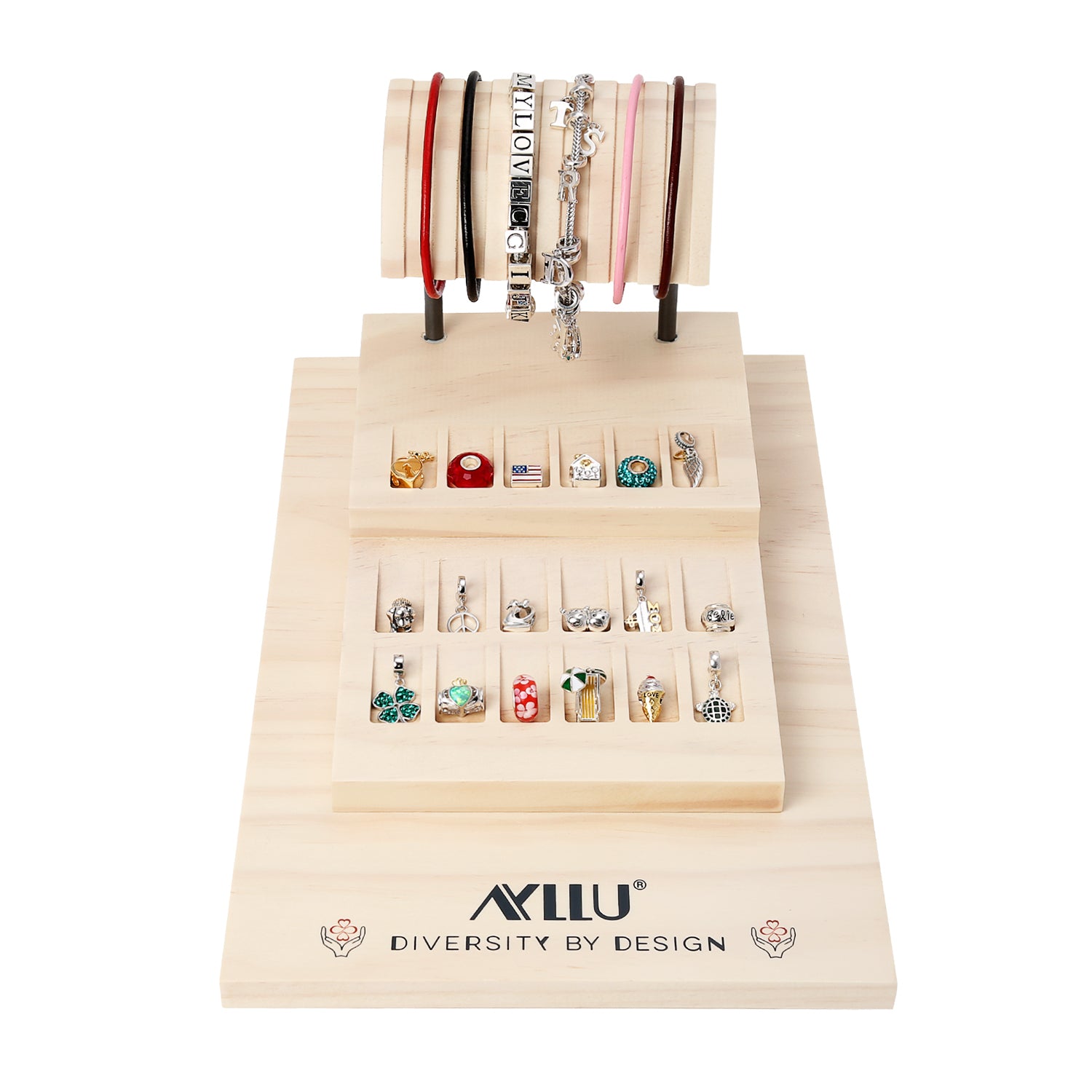 natural-pine-wood-jewelry-holder_ayl-charmdsp-r_1 Wood 2-Tier Charm Bead, Ring, Stud Earring Organizer Fixture Jewelry - Image 1