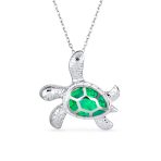 Nautical Blue Created Opal Inlay Turtle Pendant Necklace .925 Sterling Silver - Image 3
