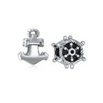Set of 2 Nautical Boat Ship Wheel and Anchor Rope Charm Bead Sterling Silver