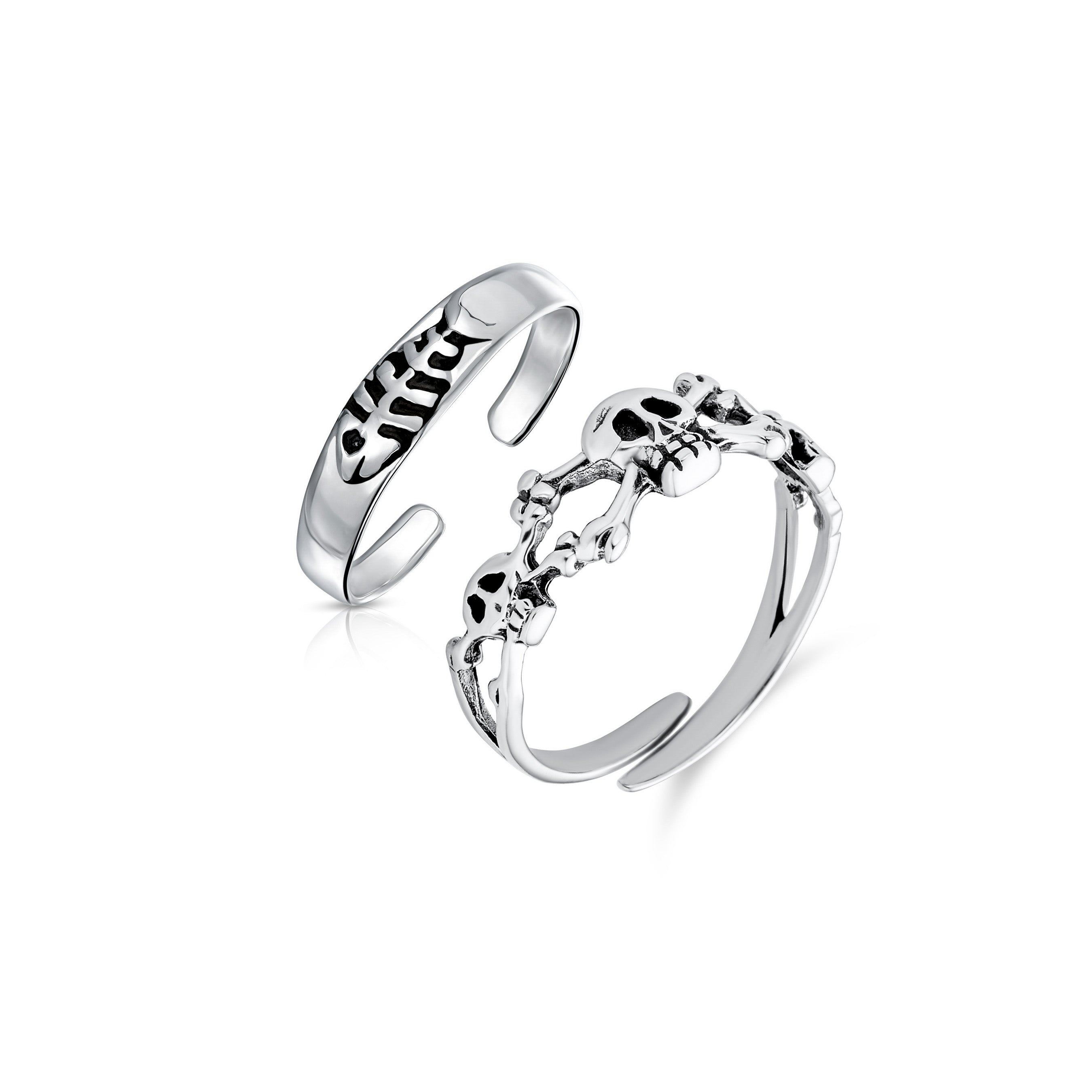 nautical-fish-bone-thin-band-pmr-r11059-set-az Set of 2 Nautical Fish Bone and Punk Rocker Skull Midi Toe Ring Sterling Silver - Image 1