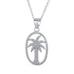 Oval Frame Nautical CZ Palm Tree Pendant Necklace in Sterling Silver
