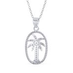 Oval Frame Nautical CZ Palm Tree Pendant Necklace in Sterling Silver - Image 2