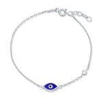 Tiny Simple Turkish Evil Eye Charm Bracelet Accent CZ Sterling Silver
