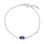 Tiny Simple Turkish Evil Eye Charm Bracelet Accent CZ Sterling Silver