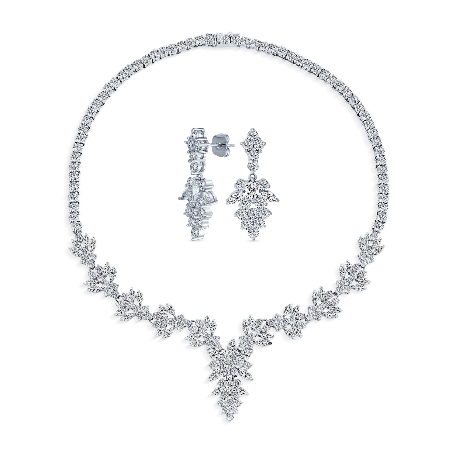 necklace-earrings-set-silver-cz-oa-71ola1268_1 Vintage Style Marquise Leaf Cubic Zirconia CZ Collar Statement Necklace & Earrings Jewelry Set - Image 1
