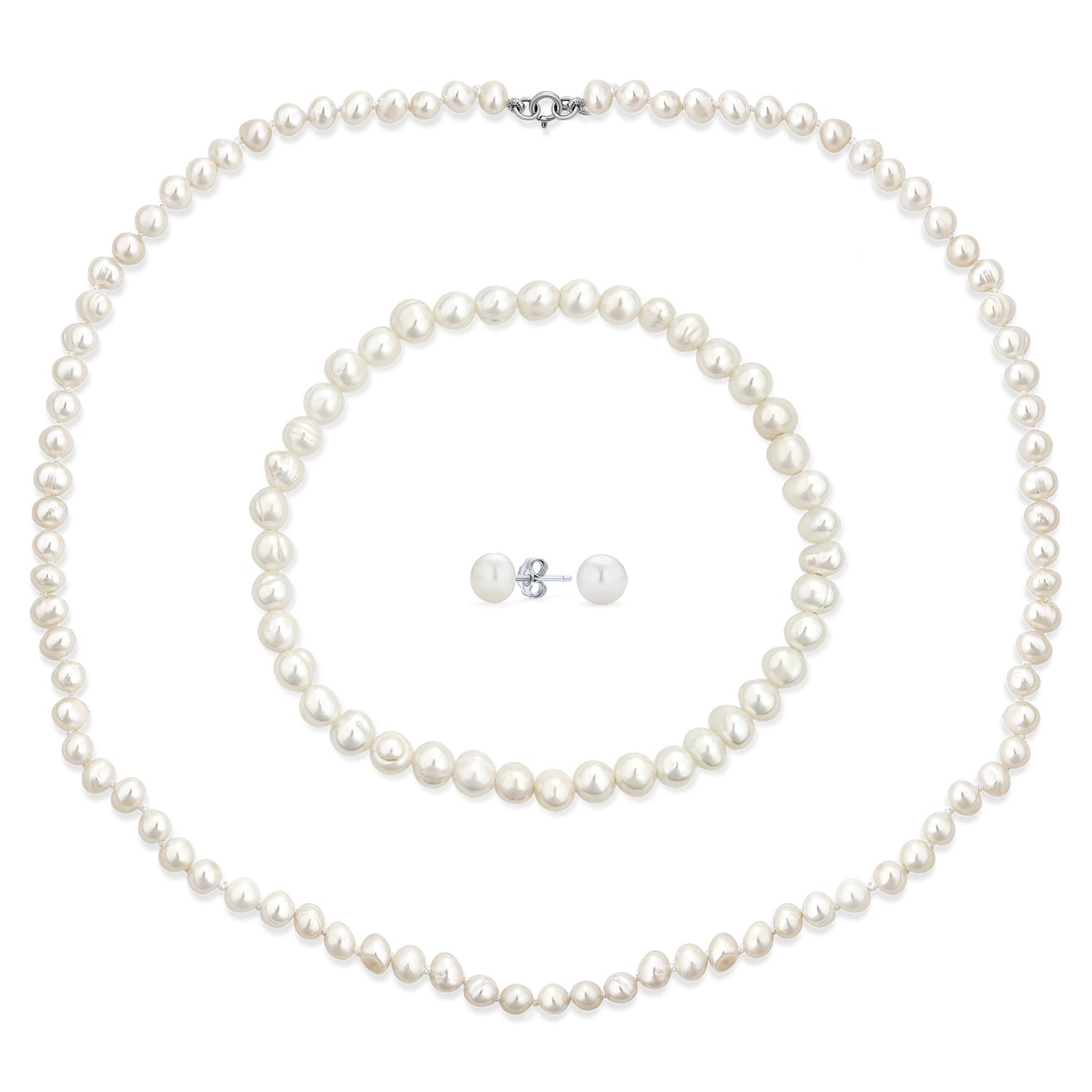 necklace-earrings-wedding-white-pearls-set-june_cb-50005_1 Classic White Freshwater Pearl Necklace Bracelet & Earrings Jewelry Set 18 Inch - Image 1
