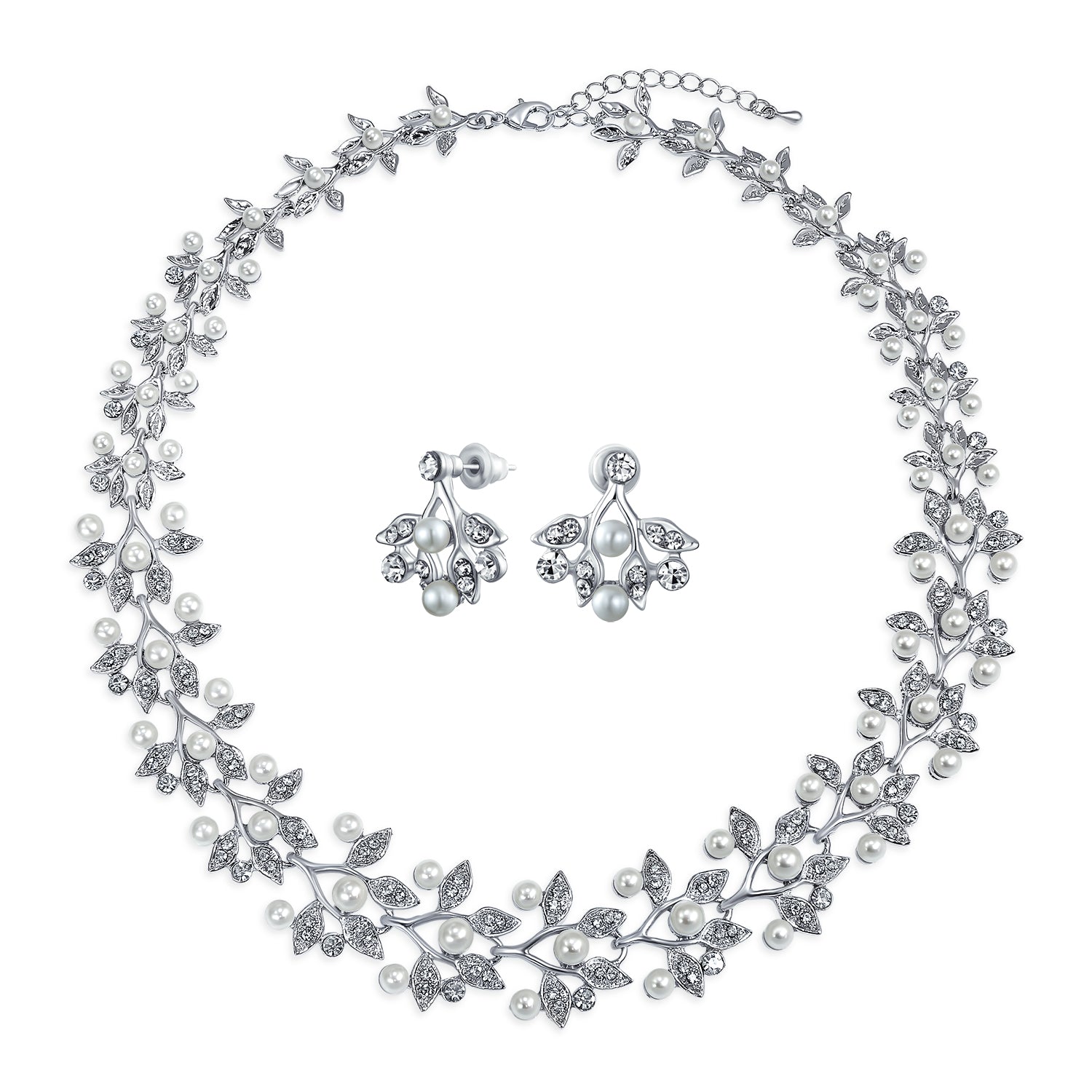 necklace-leaf-pearl-earrings-set_faj-n00163-az_1 Fashion Faux White Pearl Pave CZ Leaf Motif Bib Statement Necklace Earring - Image 1