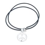 Men's Peace Sign Pendant Necklace Black Leather Cord Sterling Silver 18 Inch