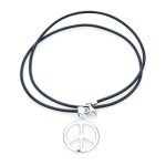 Men's Peace Sign Pendant Necklace Black Leather Cord Sterling Silver 18 Inch