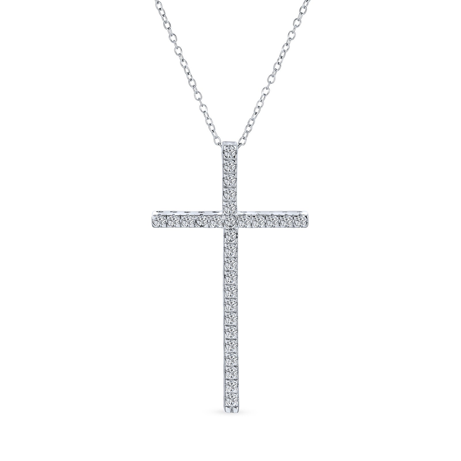 necklace-silver-classic-cross-cz_pk-uu-u12u-bj_1 Elongated Cubic Zirconia CZ Religious Cross Pendant Necklace Sterling Silver - Image 1