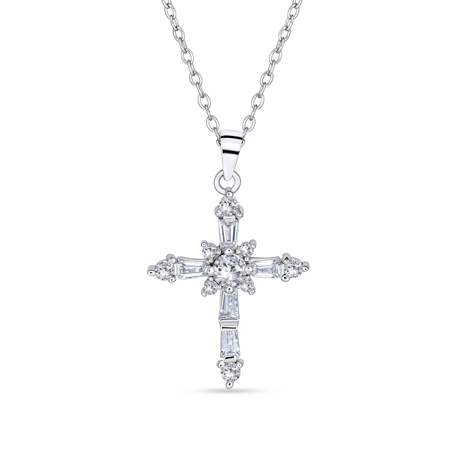 necklace-silver-holy-cross-cz_oa-61cr196_1 Bridal Necklace Vintage Marquise Cubic Zirconia Cross Pendant Sterling Silver - Image 1