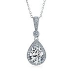 Traditional Bridal CZ Teardrop Solitaire Pendant Necklace Cubic Zirconia .925 Sterling Silver
