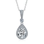 Traditional Bridal CZ Teardrop Solitaire Pendant Necklace Cubic Zirconia .925 Sterling Silver