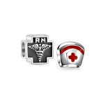 Set of 2 Nursing RN Caduceus Cross & Nurse Hat Charm Bead Sterling Silver