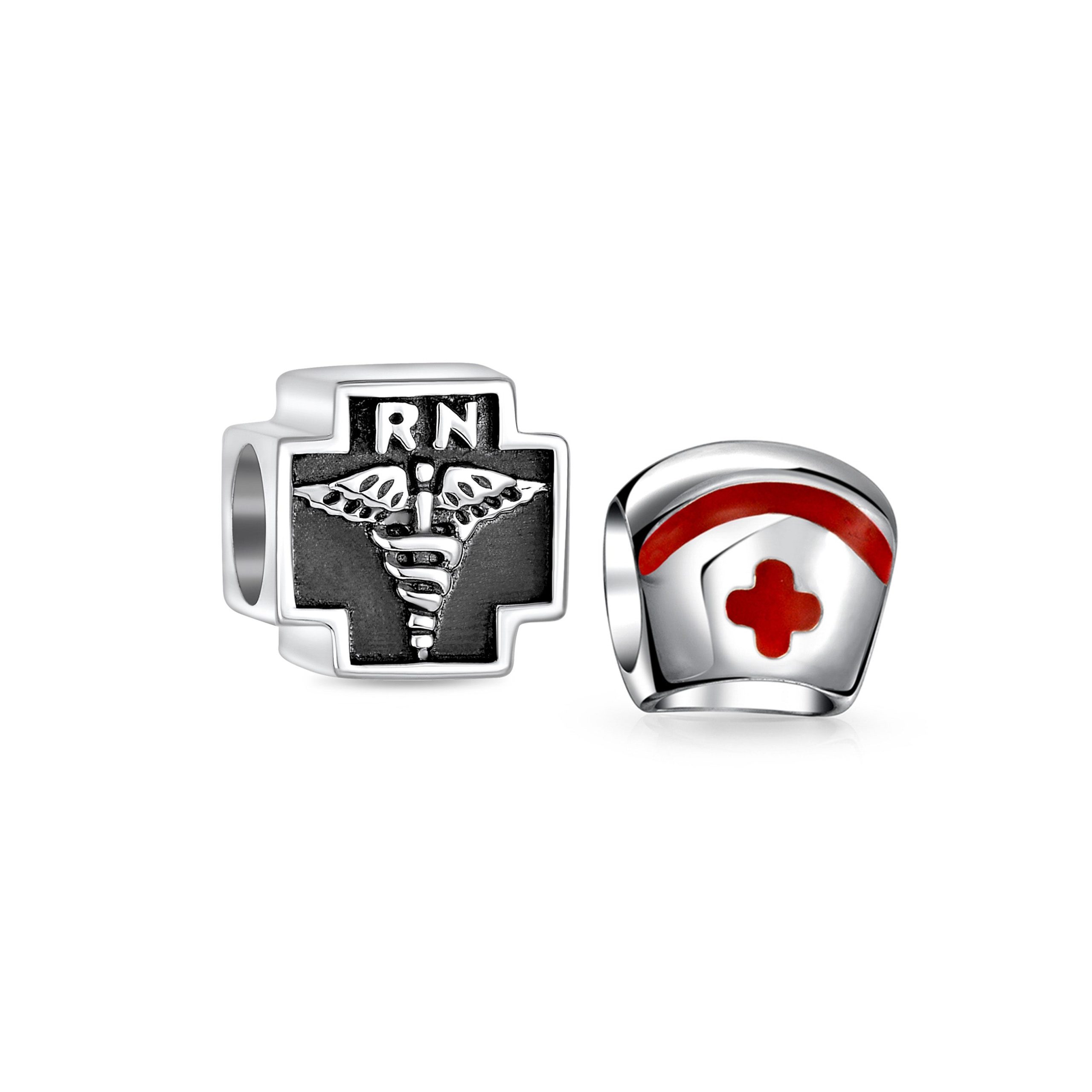nursing-rn-caduceus-charm-pbx-hs-632-drk-set-az Set of 2 Nursing RN Caduceus Cross & Nurse Hat Charm Bead Sterling Silver - Image 1