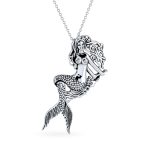 Nautical Sea Siren Mermaid Pendant Necklace in Oxidized Sterling Silver