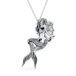 Nautical Sea Siren Mermaid Pendant Necklace in Oxidized Sterling Silver