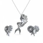 Mermaid Pendant Necklace & Sanddollar Starfish Seashell Stud Earrings Set