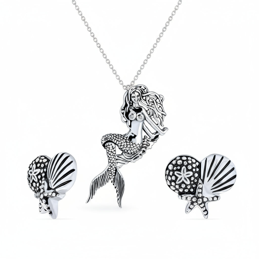 ocean-mermaid-pendant-tail-silver-starfish-sand-set-sea_n-ssp-1232-set-az Mermaid Pendant Necklace & Sanddollar Starfish Seashell Stud Earrings Set - Image 1