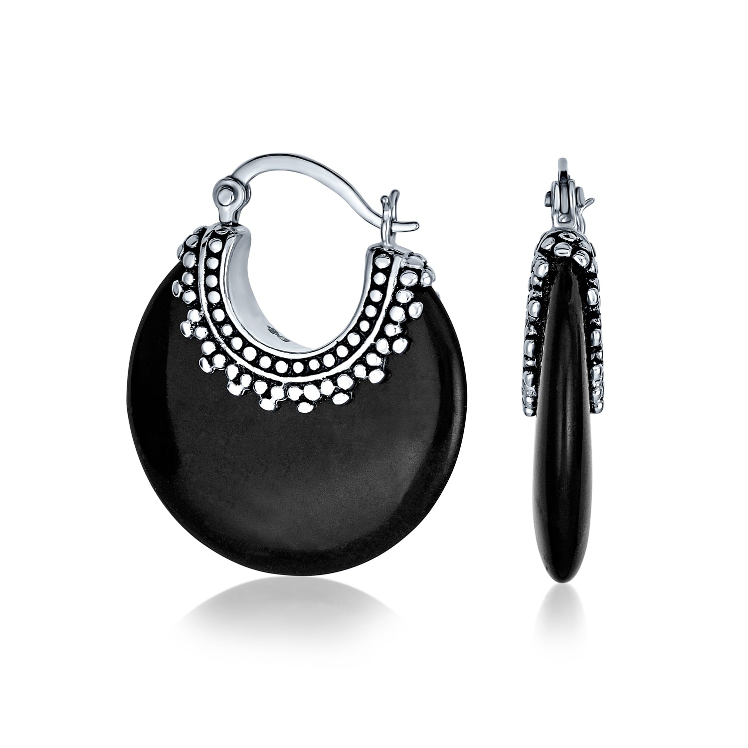 onyx-crescent-moon-bali-hoop_pfs-12-4644x-az_1_20_1 Bali Style Blue Lapis Round Half Crescent Hoop Earrings Milgrain .925 Sterling Silver - Image 1