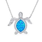 Sea Turtle Pendant Necklace Created Blue Opal Inlay Nautical .925 Sterling Silver