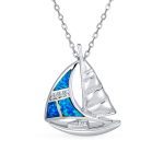 Nautical Created Blue Opal Sailboat Necklace Pendant .925 Sterling Silver