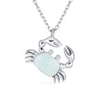 Tropical Nautical White Created Opal Sand Crab Pendant Necklace .925 Sterling Silver