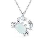 Tropical Nautical White Created Opal Sand Crab Pendant Necklace .925 Sterling Silver