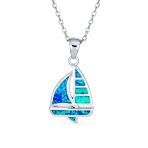 Nautical Created Blue Opal Sailboat Necklace Pendant .925 Sterling Silver