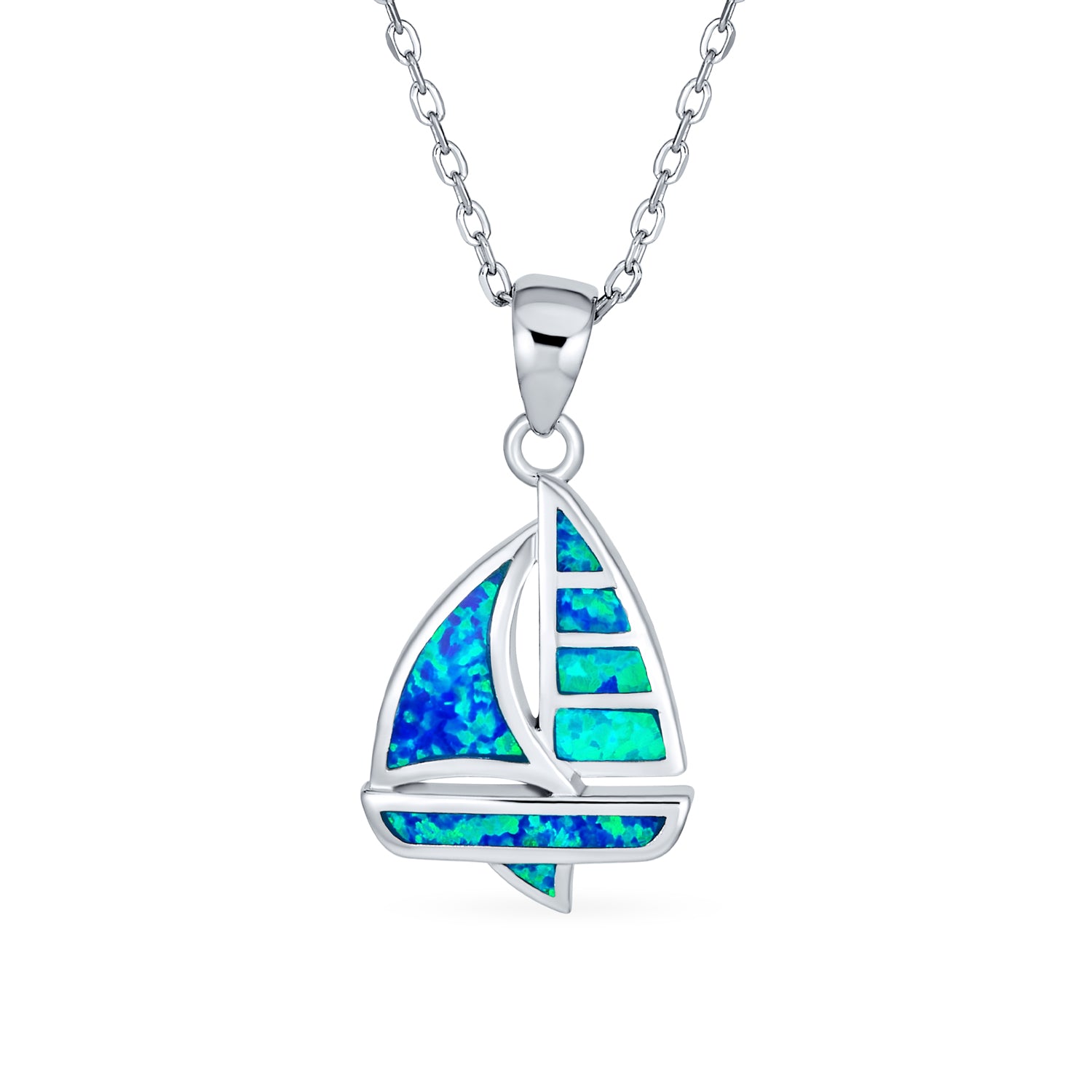 opal-blue-nautical-summer-beach-tropical-turtle-dolphin-necklace-pendant_xny-ps1842a1 Nautical Created Blue Opal Sailboat Necklace Pendant .925 Sterling Silver - Image 1