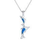Family Nautical Dolphins Pendant Necklace Created Blue Opal .925 Sterling Silver