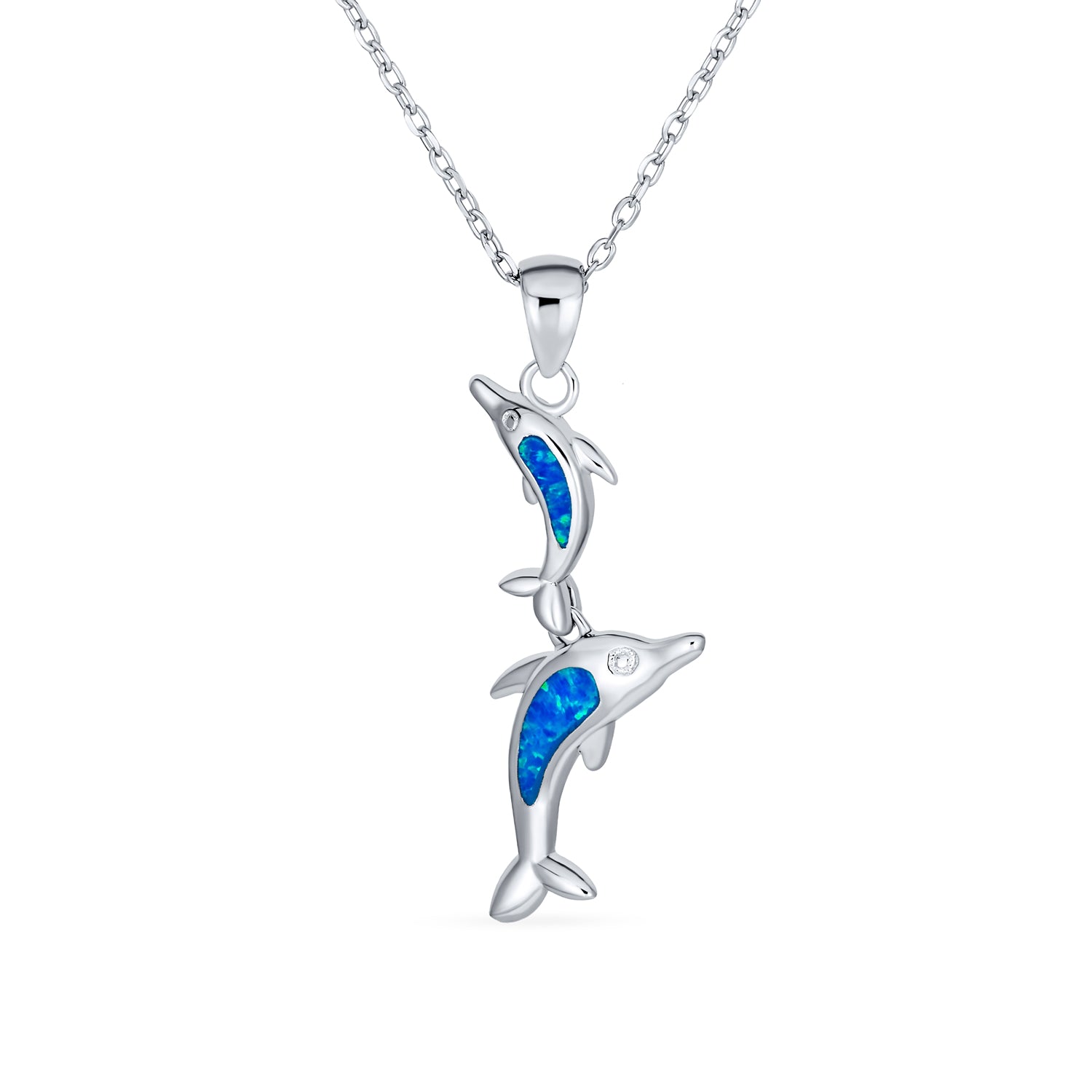 opal-blue-nautical-summer-beach-tropical-turtle-dolphin-necklace-pendant_xny-ps3584a1 Family Nautical Dolphins Pendant Necklace Created Blue Opal .925 Sterling Silver - Image 1