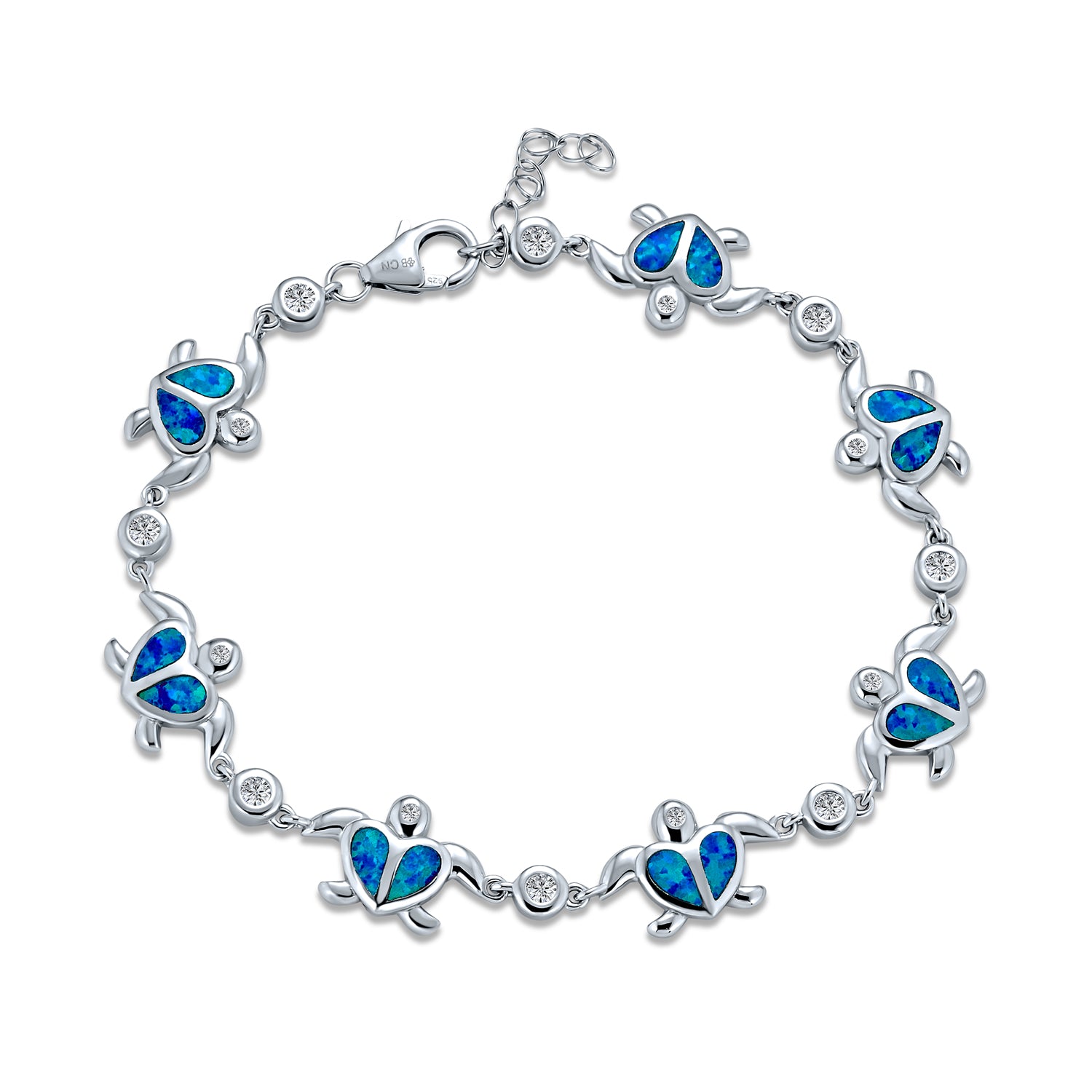 opal-blue-sea-turtle-bracelet_xny-bd094-az Nautical Chain Link Bracelet with Opal Sea Tortoise & CZ Heart Charms in Silver - Image 1