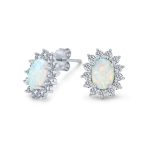 Vintage Estate Style Oval Opal Crown Halo CZ Stud Earrings Silver 12MM
